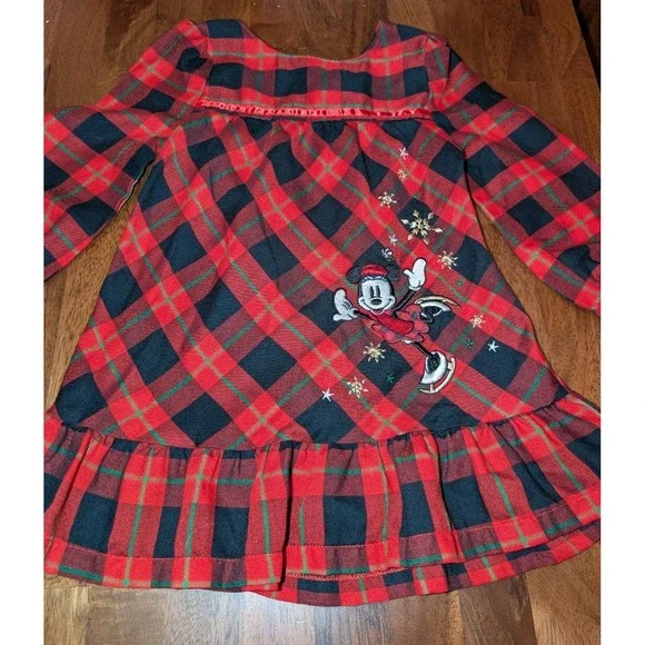 Disney Minnie Mouse Red Black Plaid Christmas Ruffled Dress LS Size 18M-2T Skate - Picture 1 of 8